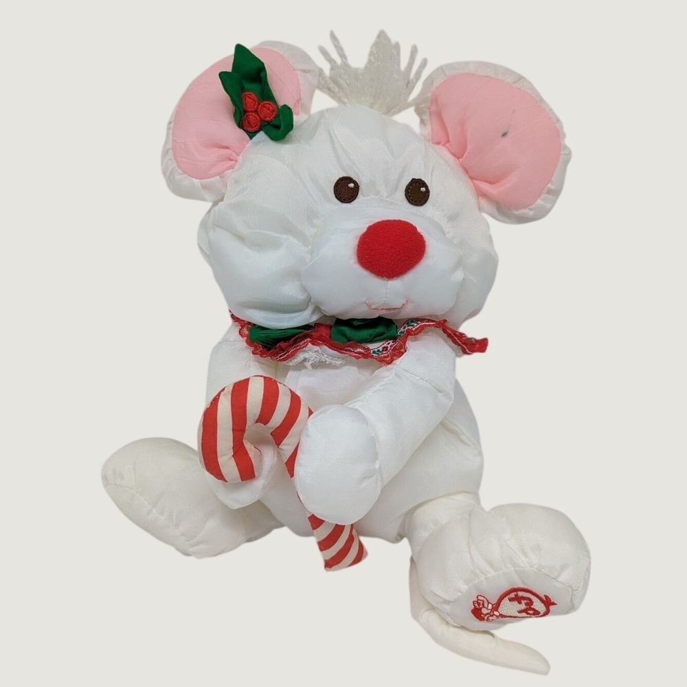 Fisher Price 80s Puffalump Christmas White Mouse w Candy Cane Plush Stuffed Toy